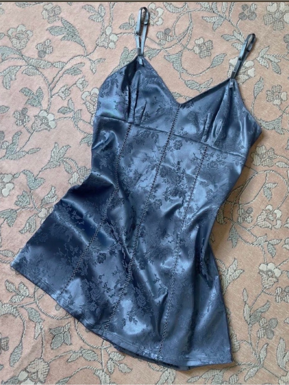 Vintage Victoria's Secret Sky Blue Floral Lace-up Slip Dress Pink Heart Tag Y2K